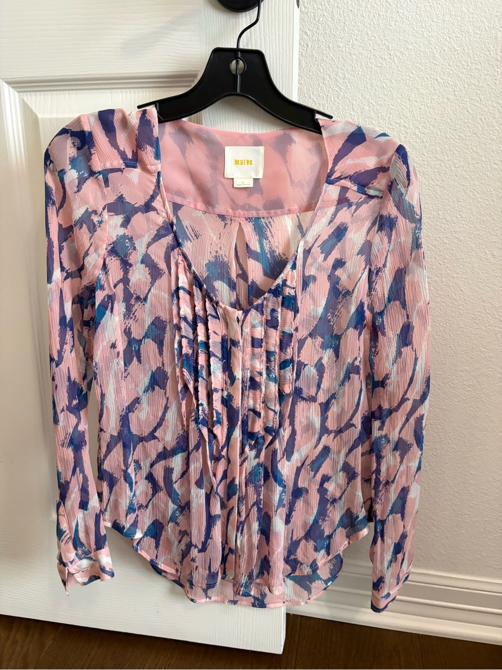 Maeve Pink and Blue Abstract Pleated Women’s Blouse